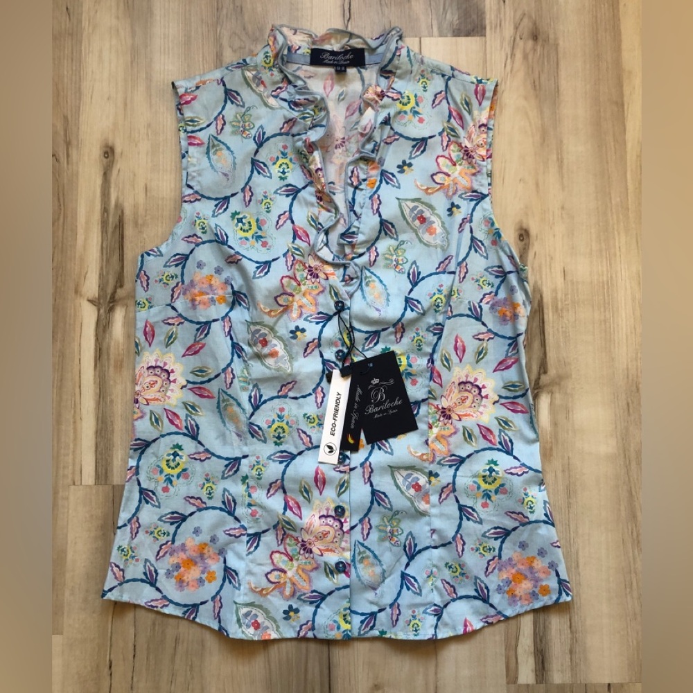 Bariloche Donegal Floral Blouse NWT Women 38 Small Ruffle Cotton Made Spain Blue
